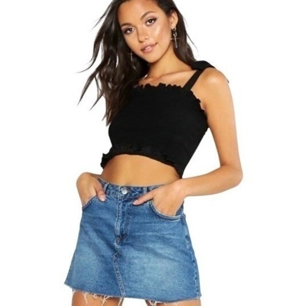 Amuse Society | Womens Black Smocked Tie Shoulder‎ Ruffle Crop Top | Size XS
